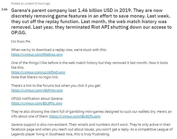 Garena's parent company lost 1.46 billion USD in 2019. They are now discretely removing game features in an effort to save money 2