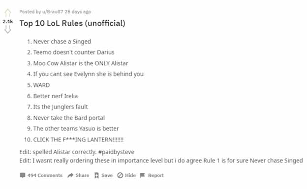 Top 10 LoL Rules of Iron Player