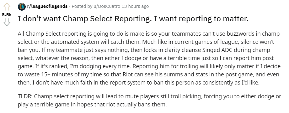 Champ Select Reporting Is Fine It Will Be Even Better If Reporting Mattered Not A Gamer