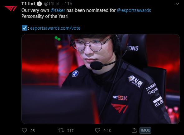 League of Legends: T1 calls for fan' support to help Faker winning the Esports Personality of The Year 2