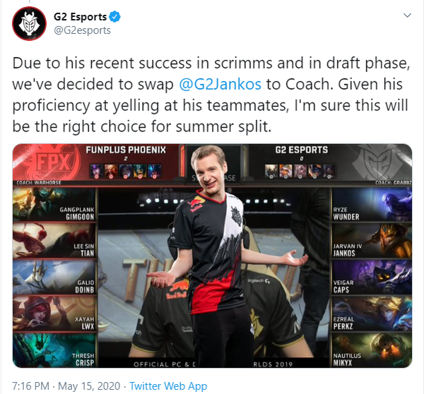 Outstanding move: G2 Esports will replace Jankos by their coach - GrabbZ 18