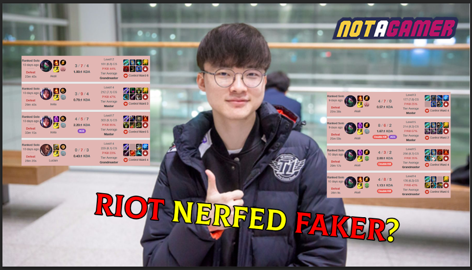 Faker sarcastically blamed Riot for a series of defeats: "Because I'm so good Riot manipulated matching balance." 5
