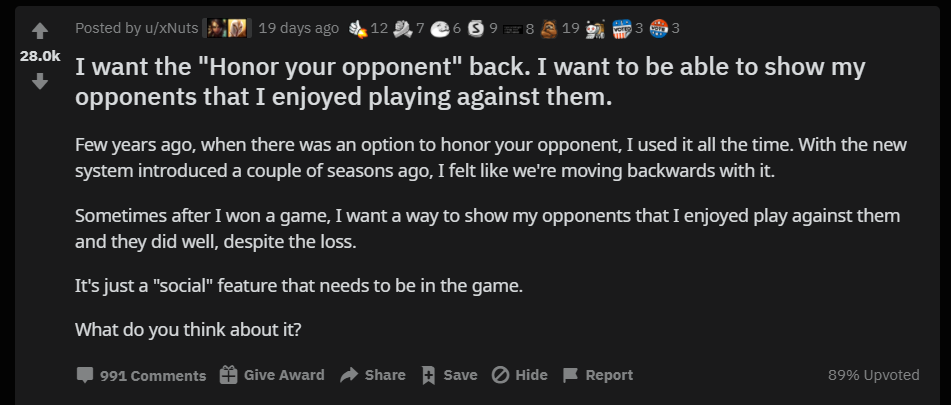Honor opponent feature should be brought back? 2
