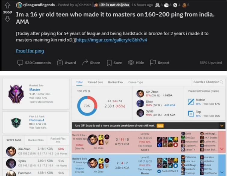 A 16-year-old player reached Master on 160-200 ping with Xin Zhao 13