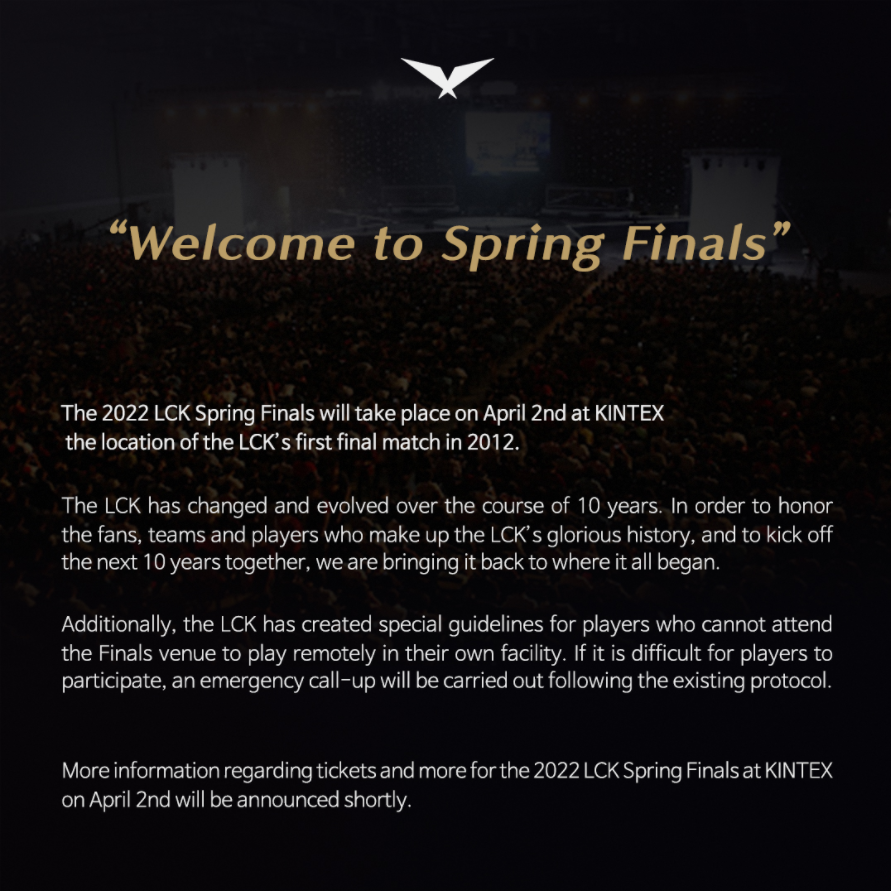 LCK Spring 2022 Finals will be held live at KINTEX in April 2