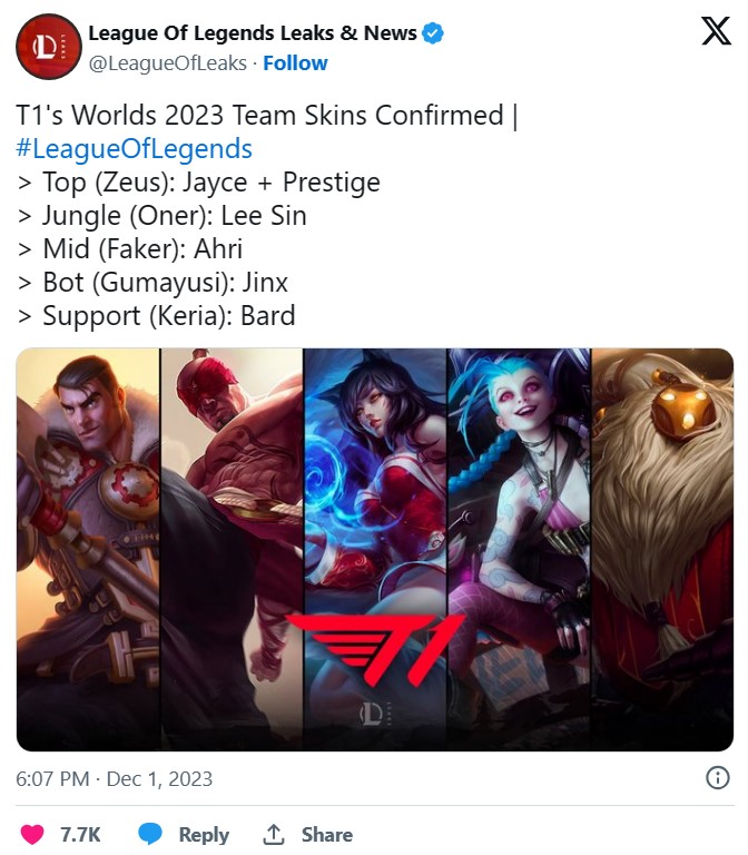 T1 allegedly revealed their LoL Worlds 2023 skins selection 1